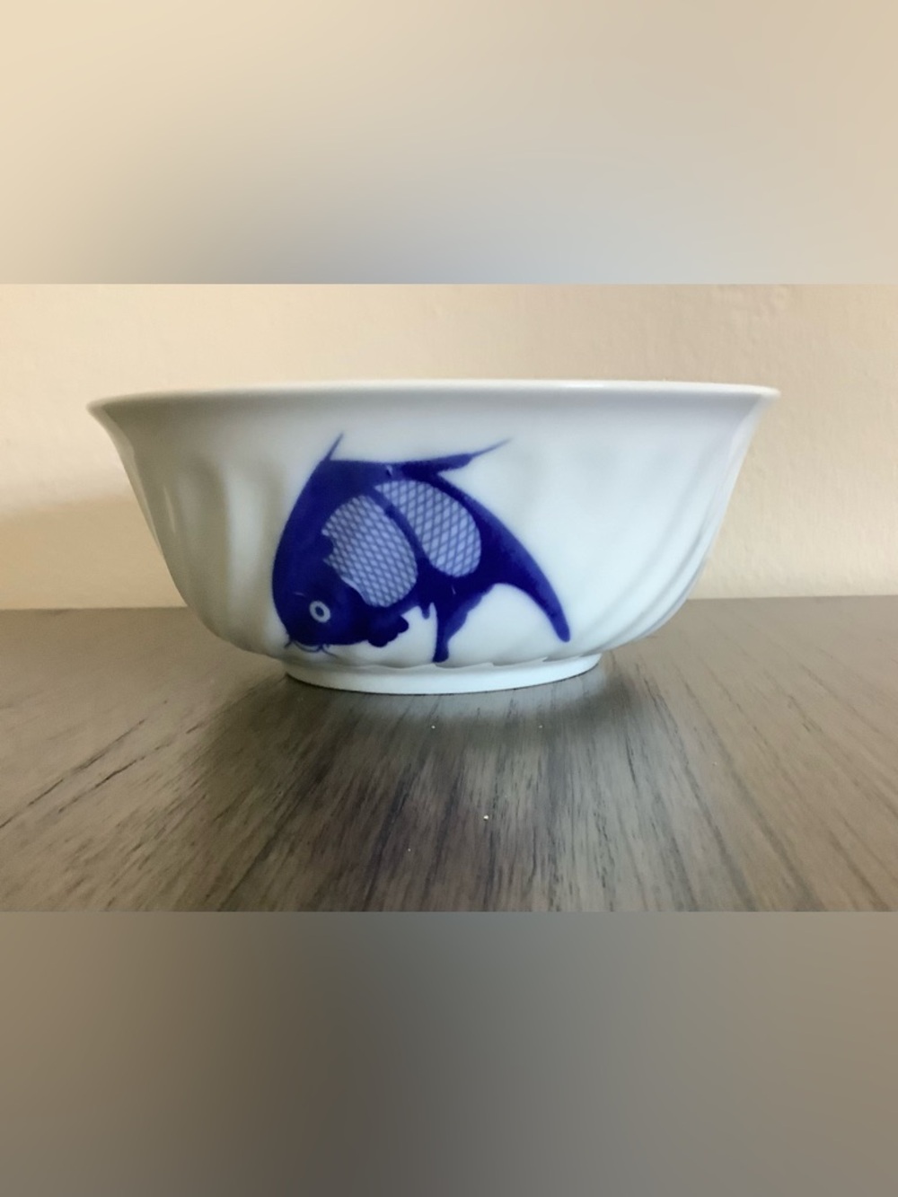 Misty Rose White asian Porcelain Bowl with Blue Fish Accent